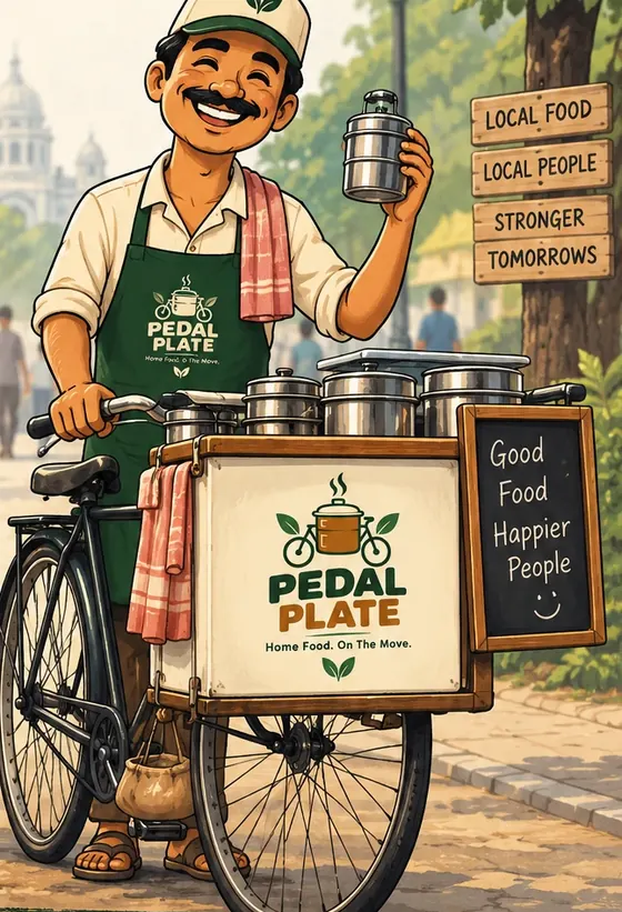 Illustration of a smiling Pedal Plate partner in a green apron, holding a tiffin beside his Pedal Plate cycle cart